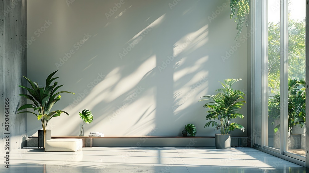 Poster modern office setting with a large, empty wall. natural light coming in from a window, some indoor p