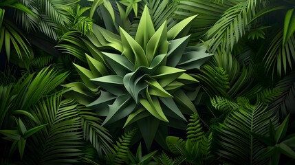 Lush Tropical Foliage with Abstract Organic Shapes in Digital Art
