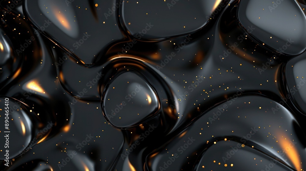 Poster surreal abstract background with metallic black and charcoal grey blobs, accented by luminous gold, 