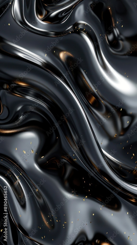 Poster Vertical abstract display of metallic blobs in deep black and soft grey, with golden touches enhancing their smooth, organic forms.