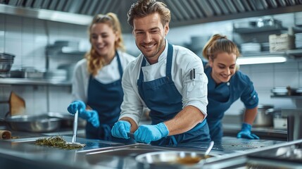A professional cleaning team working in a restaurant kitchen, three people wearing blue overalls and white shirts and blue gloves. are cleaning the kitchen table. Generative AI.
