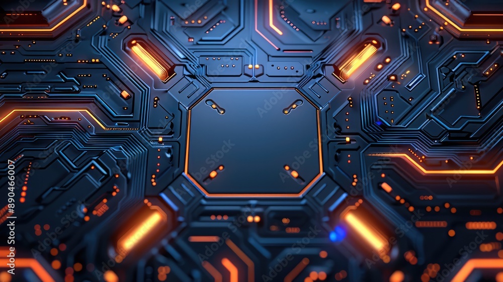 Leinwandbilder Abstract futuristic circuit board lights moving on black surface and design concepts, symmetrical composition with empty space in the middle. Generative AI.