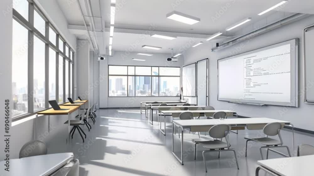 Poster modern classroom with rows of desks facing a whiteboard, city views through large windows. setup fac