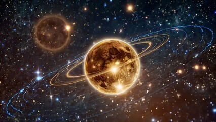 Golden planet surrounded by zodiac signs and glowing stars in a dark space. Suitable for astrology, celestial themes, and astronomy projects.