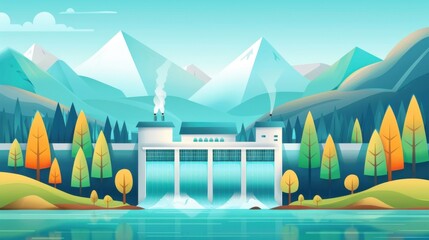 Fototapeta premium Renewable energy sources, hydroelectric power plants, flat design illustration