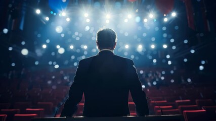 A man stands at a podium in front of a crowd. The man is wearing a suit and tie. The lights are on and the man is looking at the camera. Scene is serious and formal