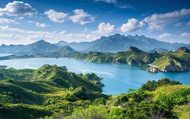 beautiful landscape with mountains and sea bay