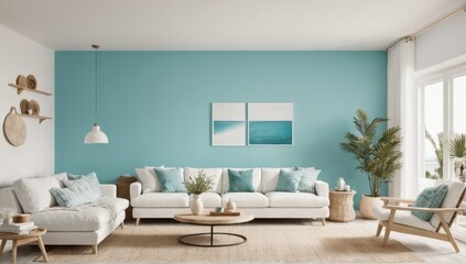 Fototapeta premium Modern living room interior with sofa and green pastel walls