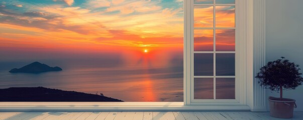 Fototapeta premium Sunset Reflections A cafe window reflecting a breathtaking sunset, creating a mesmerizing play of light and color