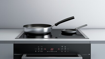 Obraz premium Modern induction cooktop with two frying pans and an oven with digital control panel in a minimalistic kitchen.