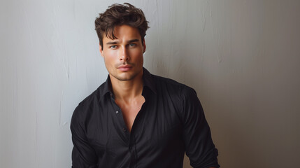 Obraz premium handsome male model in black shirt standing against the wall, portrait of a guy 
