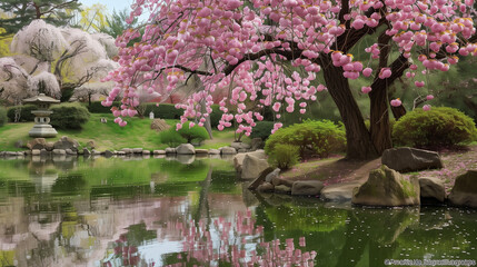 Japanese garden with cherry blossoms