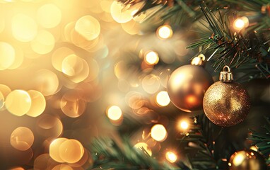 Christmas Tree With Baubles And Blurred Shiny Lights.