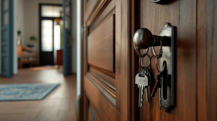 Obraz premium Close-up of a set of keys hanging in a door lock with a blurred interior hallway in the background.