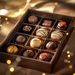 a set of gourmet chocolates arranged in a decorative box, warm brown background with lens flare