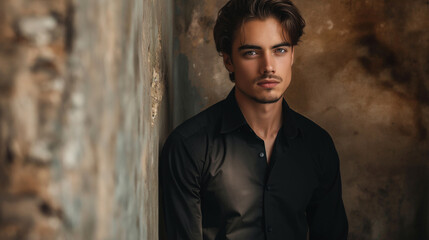 Obraz premium handsome male model in black shirt standing against the wall, portrait of a guy 