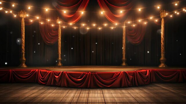 A stage with red curtains and lights hanging from the ceiling
