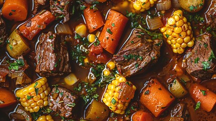 Illustrate a close-up shot of Caldo de Res featuring succulent beef chunks, colorful carrots and corn, and aromatic herbs, in a detailed watercolor painting technique