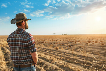 farmer looking at his dry and parched crops in a field