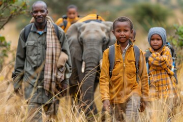 African Children Walking Through Grassland With Elephant