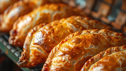 Illustrate a mouthwatering close-up of golden-brown Empanadas de dulce bursting with colorful fruit fillings Emphasize texture and flavors using watercolor techniques