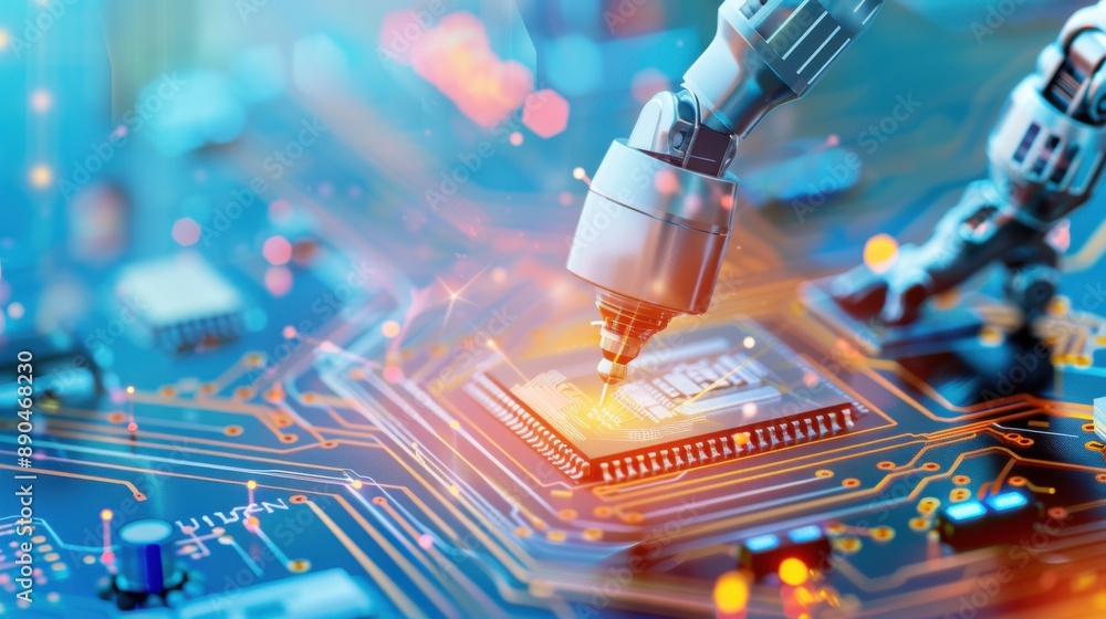 Poster robotic arm assembling electronics with precision, smart robotics, automated processes