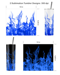 Set of 2 blue fire patterns on white and black background. Seamless sublimation templates for 20 oz skinny tumbler. Sublimation illustration. Seamless from edge to edge. Full tumbler wrap.