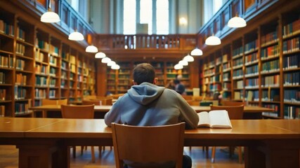 A student sits at a desk in a large library, surrounded by bookshelves and natural light coming from a window.