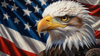 Naklejka premium american bald eagle with flag, ai generated