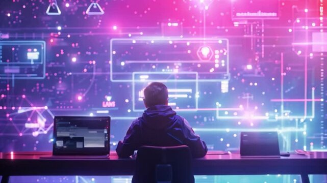 A person sits in front of a computer, working late into the night. The screen displays a complex array of digital data, illuminated in a futuristic, neon glow.