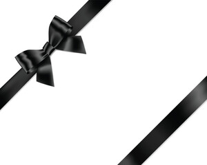 Black Ribbon Bow Realistic shiny satin with shadow place on corner of paper for decorate your funeral card , awards certificate or gift boxes vector EPS10 isolated on white Background