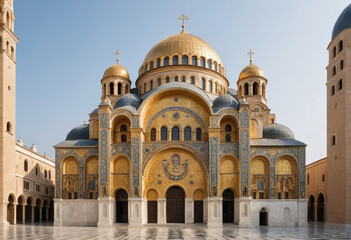  A majestic Byzantine cathedral adorned with golden mosaics and towering domes. 