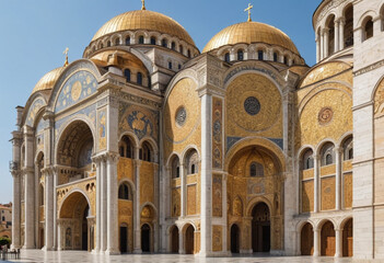  A majestic Byzantine cathedral adorned with golden mosaics and towering domes. 