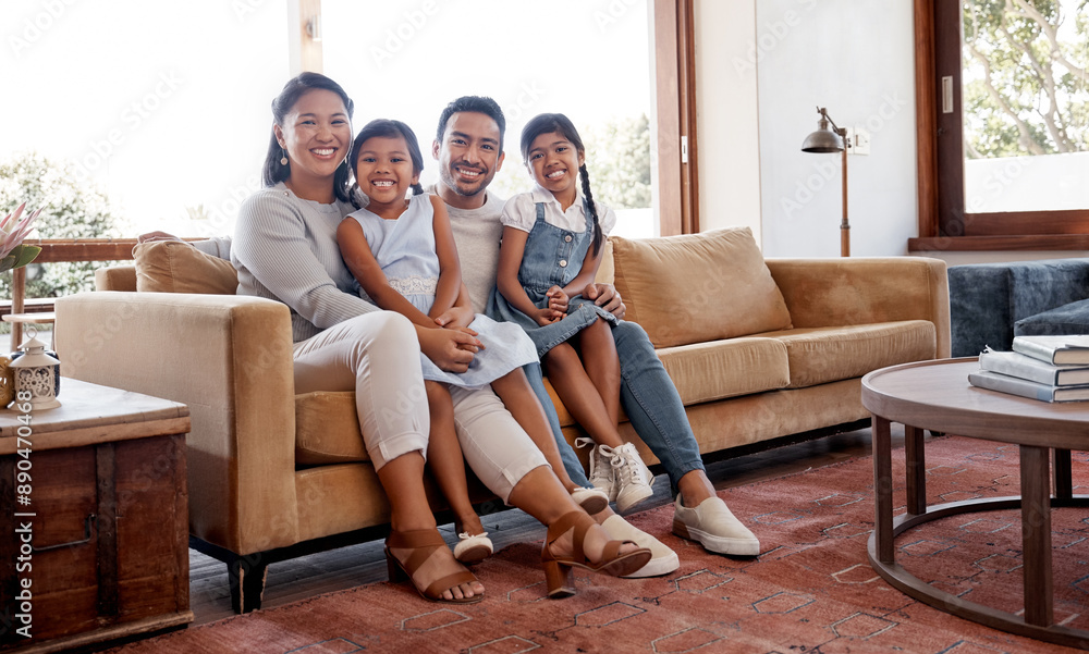 Canvas Prints Asian parents, children and portrait on sofa with hug, care and bonding with love, connection and relax together. Father, mother and daughter kids with smile in living room at family house in Jakarta