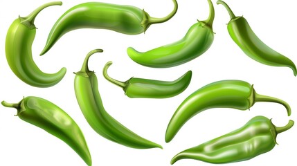 Set Of Spicy Fresh Green Chili Peppers Isolated On White Background
