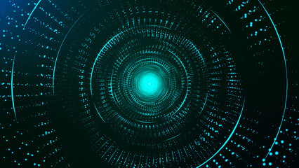 Bright colorful circular spiral. Abstract digital background. Colorful dotted spiral swirls circles. Glowing tunnel background. Futuristic lens. 3d rendering.