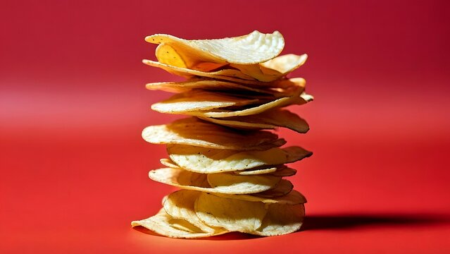 Stack of potato chips on red background, favorite snack which is unhealthy ultra-processed foods with additives and preservatives to avoid, highly industrial processed foods