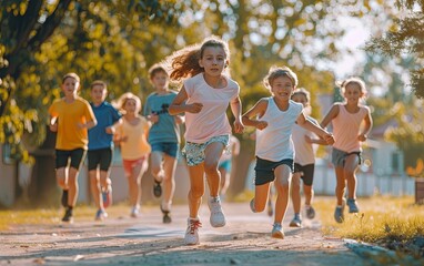 Happy children running together. Group of joyful kids enjoying run. Diverse children competing in running race
