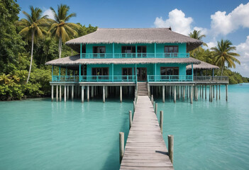 Fototapeta premium A traditional stilt house built over a turquoise lagoon in a tropical paradise. 