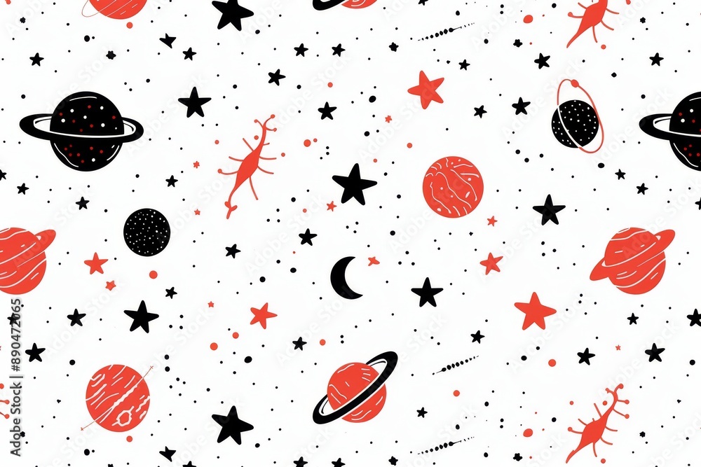 Poster abstract black and white starry space pattern with red planets artistic and expressive representing 