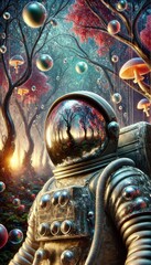Fototapeta premium Astronaut Surrounded by Mystical Glowing Trees