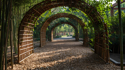 Obraz premium architectural bamboo garden: natural landscaping, green building material. Garden design with bamboo