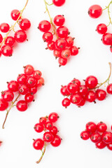 Fresh red currant berries background. Branches of red currant berries closeup. Top view