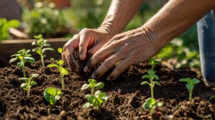 Gardening Hands Planting Seedlings in Garden