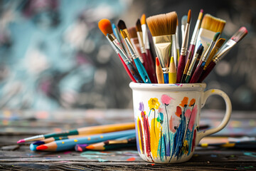 A white mug decorated with colorful flowers holds paintbrushes and pencils. Back to school