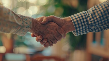 Two individuals shake hands in a professional setting