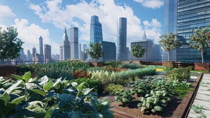 Fototapeta premium Urban Rooftop Garden with Skyline View