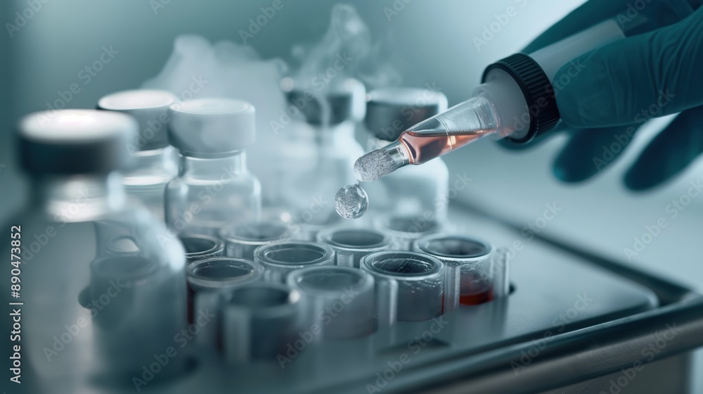 Sticker Gloved hand using a pipette to transfer liquid sample into vials in a laboratory setting, with several glass containers visible in the background indicating an experiment.