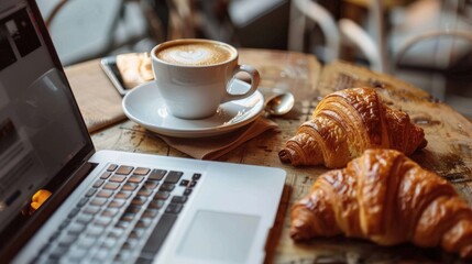 Customer working on a laptop at a cafe table, with a cappuccino and croissant nearby