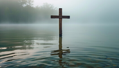 A wooden Christian cross stands in the misty, foggy water, creating a serene and atmospheric scene. It conveys a sense of spirituality and sacredness.